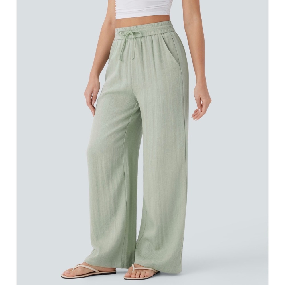 Halara Sage Green Wide Leg Baggy Linen-Feel Drawstring Pants High Waisted M